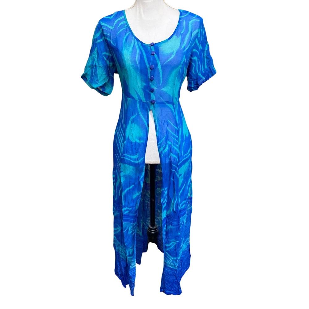 Vintage Y2K PHOOL Floral Blue Sheer M Maxi Gauze Open Hilary Duff Duster Dress